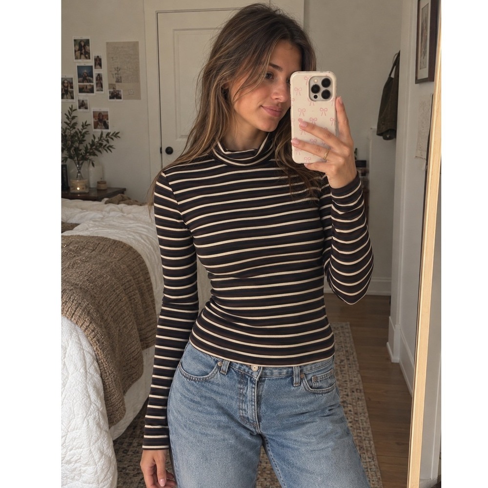 Vintgae Express Tricot Mock Neck Striped Long Sleeve Top Brown Black Cream Small